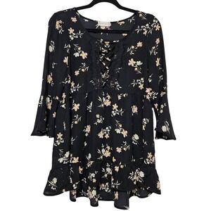 Whimsigoth Floral Babydoll Top Bell Sleeve Lace-Up Boho Tunic with Crochet S